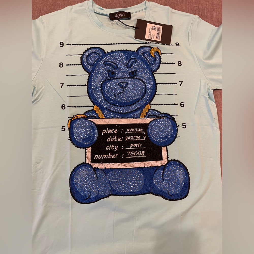 Avenue George V Paris T-shirt Teddy bear rhinestone Men’s Luxury Blue Shirt NWT - Picture 3 of 7